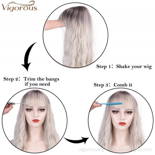 Vigorous Long Wavy Wig With Flat Bangs 100% Heat Resistant Synthetic Sliver Gray Wig Natural Looking Machine Made Wigs For Women
